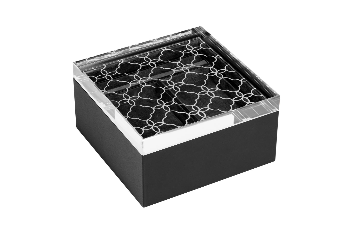 Riviere Iris Leather-Covered Jewellery Box with Removable Tray | Elegant Design with Removable Tray for Organizing Jewelry | Suede Lining and Floral Carved Acrylic Lid for a Touch of Sophistication | Explore a Range of Luxury Jewellery Boxes at 2Jour Concierge, #1 luxury high-end gift & lifestyle shop