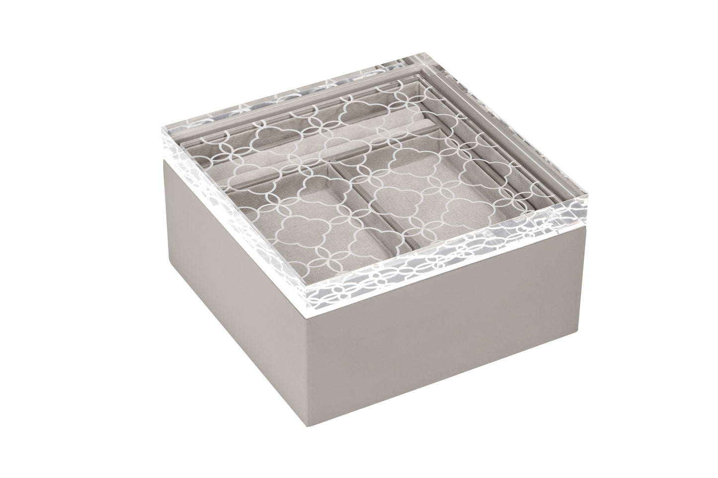 Riviere Iris Leather-Covered Jewellery Box with Removable Tray | Elegant Design with Removable Tray for Organizing Jewelry | Suede Lining and Floral Carved Acrylic Lid for a Touch of Sophistication | Explore a Range of Luxury Jewellery Boxes at 2Jour Concierge, #1 luxury high-end gift & lifestyle shop