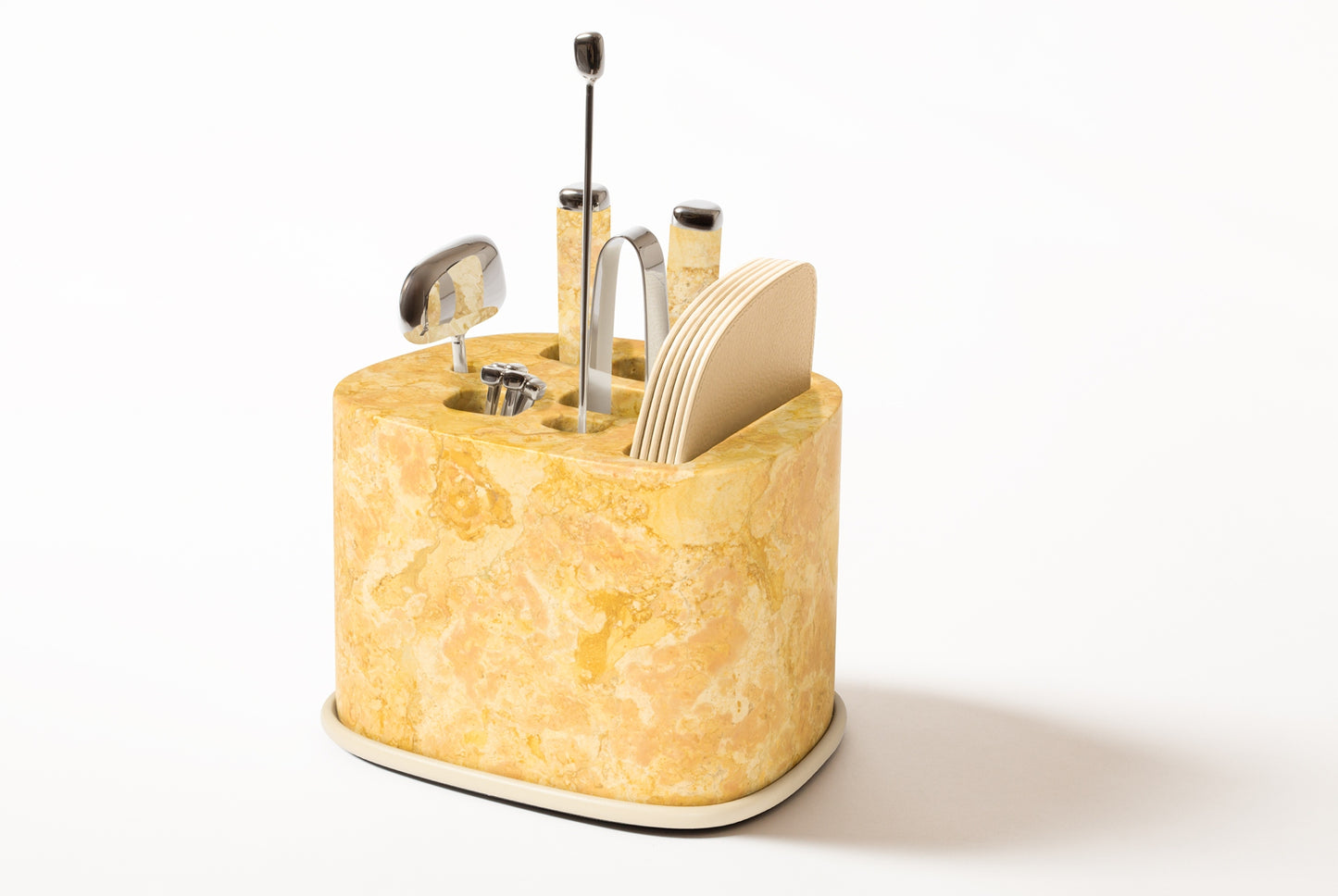 Giobagnara x Kelly Wearstler Maris Bar Accessories Set | A luxurious marble structure with sandblasted aluminum accents, hosting stainless steel tools and leather coasters | Available in multiple finishes | Barware | 2Jour Concierge, your luxury lifestyle shop