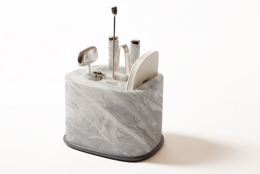 Giobagnara x Kelly Wearstler Maris Bar Accessories Set | A luxurious marble structure with sandblasted aluminum accents, hosting stainless steel tools and leather coasters | Available in multiple finishes | Barware | 2Jour Concierge, your luxury lifestyle shop