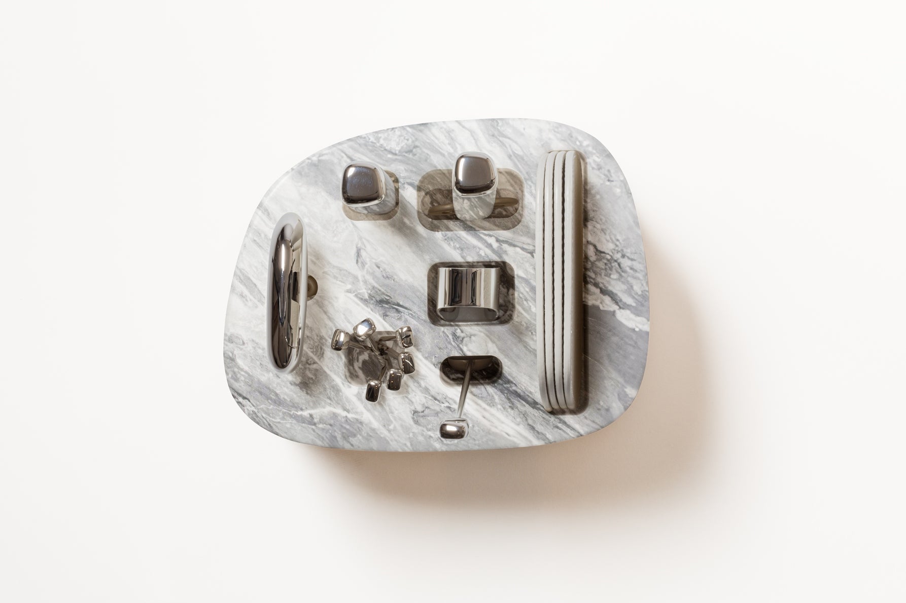 Giobagnara x Kelly Wearstler Maris Bar Accessories Set | A luxurious marble structure with sandblasted aluminum accents, hosting stainless steel tools and leather coasters | Available in multiple finishes | Barware | 2Jour Concierge, your luxury lifestyle shop