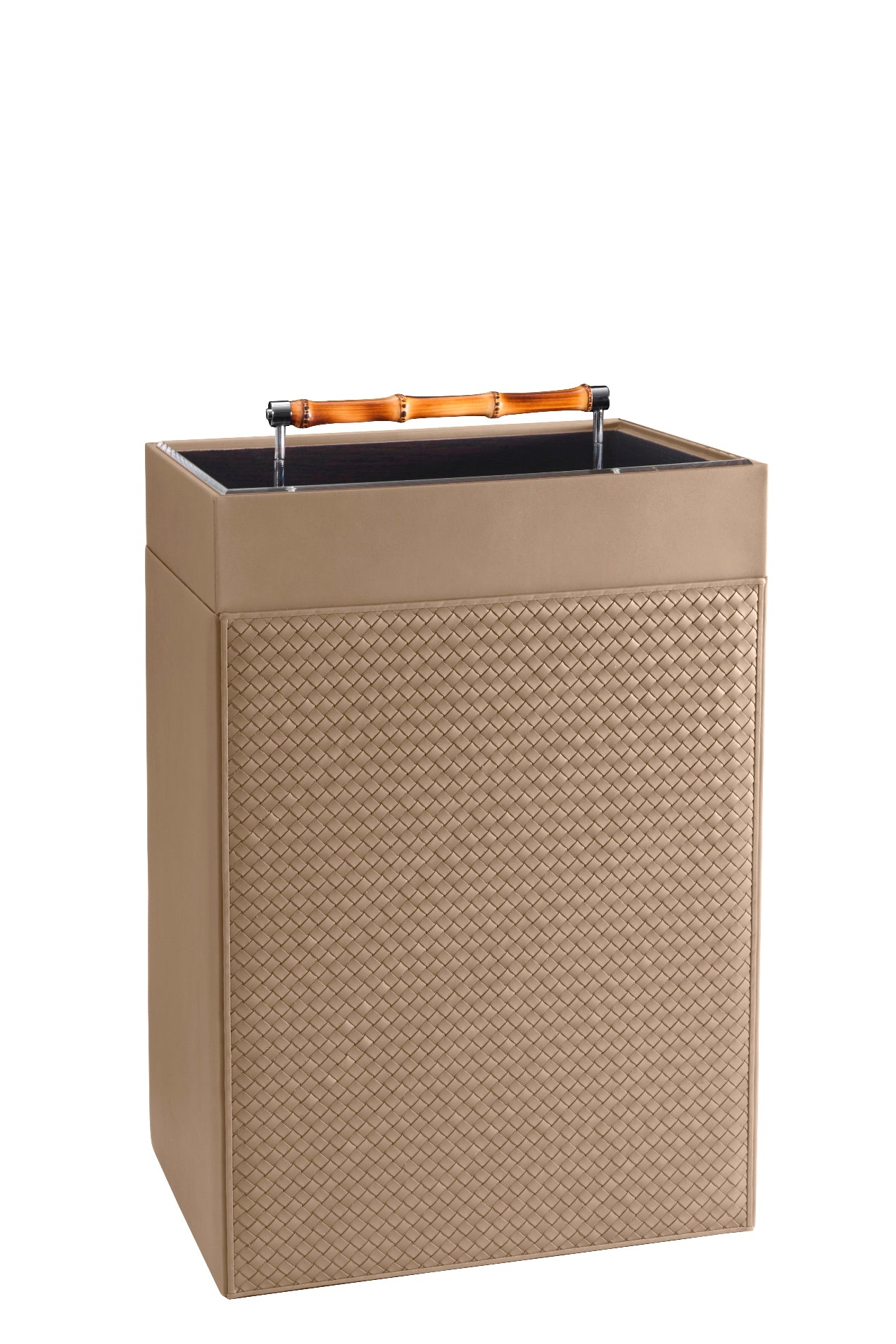 Riviere Frida Handwoven Laundry Basket | Handwoven Leather | Varnished Wood Lining | Acrylic Lid with Bamboo Handle | Chrome Details | Perfect for Yacht Decor | Explore a Range of Luxury Home Accessories at 2Jour Concierge, #1 luxury high-end gift & lifestyle shop