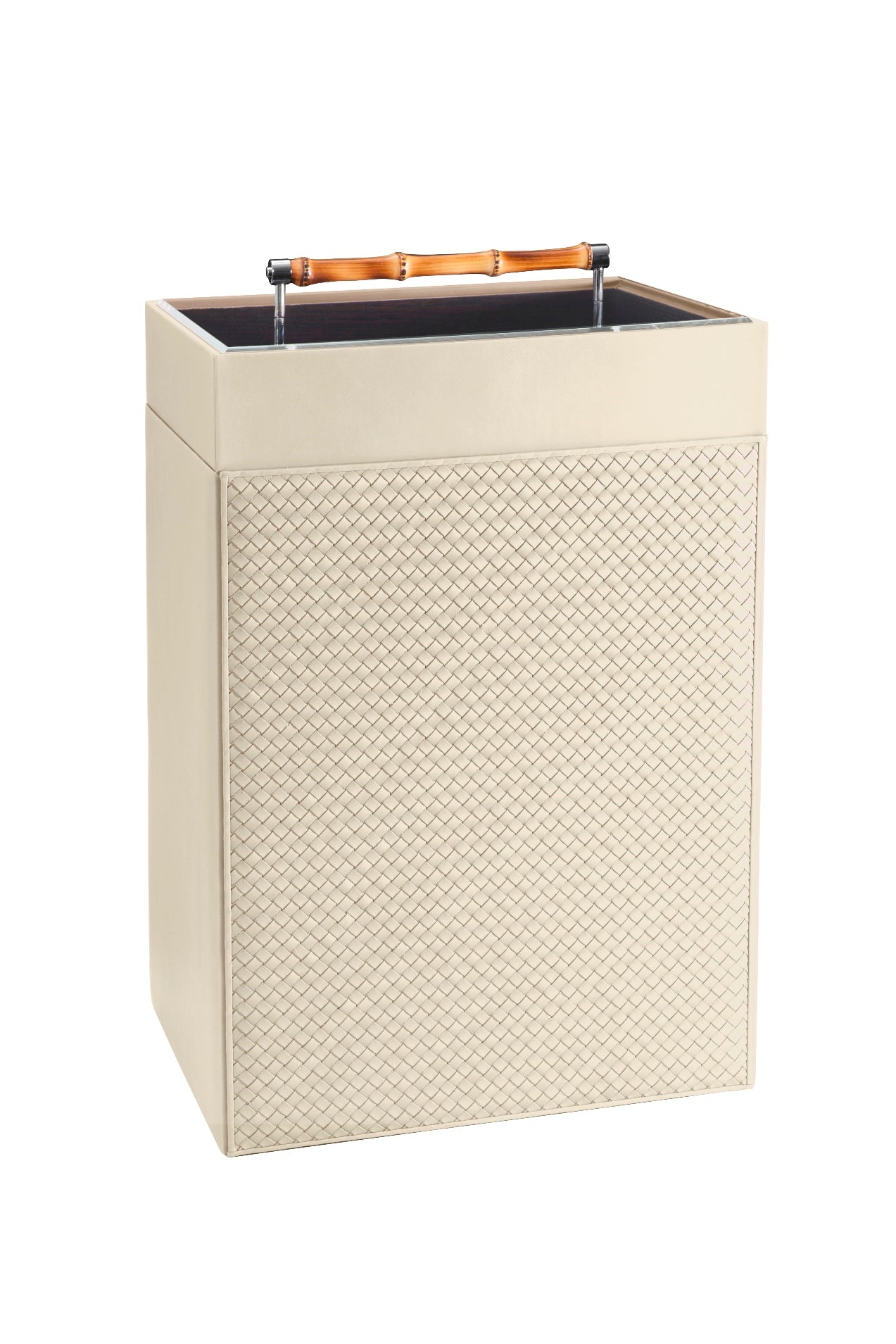 Riviere Frida Handwoven Laundry Basket | Handwoven Leather | Varnished Wood Lining | Acrylic Lid with Bamboo Handle | Chrome Details | Perfect for Yacht Decor | Explore a Range of Luxury Home Accessories at 2Jour Concierge, #1 luxury high-end gift & lifestyle shop