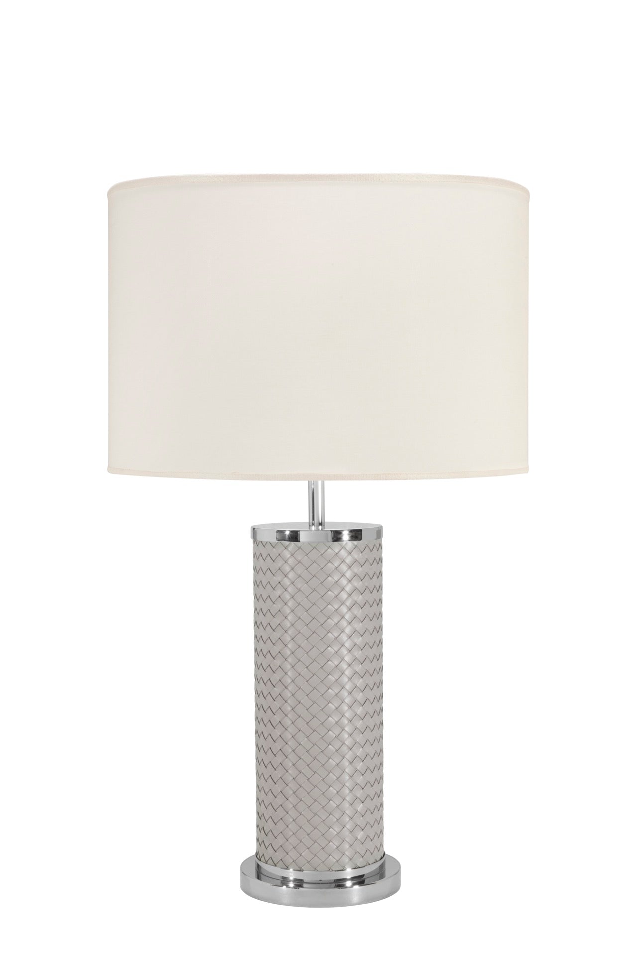 Riviere Flavia | Table Lamp: Leather-covered cylindrical base with optional braided, handwoven, or herringbone patterns, chrome or gold metal finishes, designed for refined contemporary interiors | Lighting / Table Lamps | 2Jour Concierge, your luxury lifestyle shop | luxury interiors, hospitality décor, elegant living, designer lighting, boutique hotels, refined lifestyle, yacht décor