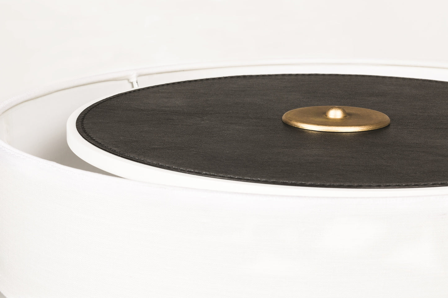 Fly Table Lamp by Giobagnara | Leather-Covered Wood Base with Fixed Brass Stem Available in Three Finishes | White Linen Lampshade with Fireproof Opaque Plexiglass Diffuser | A Blend of Elegance and Functionality | Exclusively at 2Jour Concierge, #1 luxury high-end gift & lifestyle shop