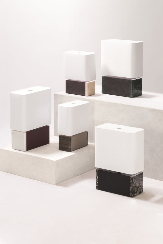 Polo Marble Table Lamp by Giobagnara | Leather-Covered Structure with Marble Inserts | Each Piece Features a Unique Stone Pattern | Fine White Cotton Lampshade with Fireproof Diffuser | In-Line Foot Switch for Convenient Operation