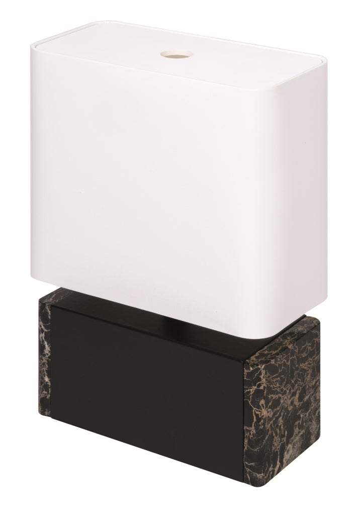 Polo Marble Table Lamp by Giobagnara | Leather-Covered Structure with Marble Inserts | Each Piece Features a Unique Stone Pattern | Fine White Cotton Lampshade with Fireproof Diffuser | In-Line Foot Switch for Convenient Operation