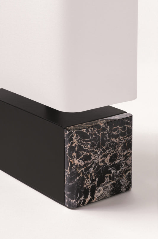 Polo Marble Table Lamp by Giobagnara | Leather-Covered Structure with Marble Inserts | Each Piece Features a Unique Stone Pattern | Fine White Cotton Lampshade with Fireproof Diffuser | In-Line Foot Switch for Convenient Operation