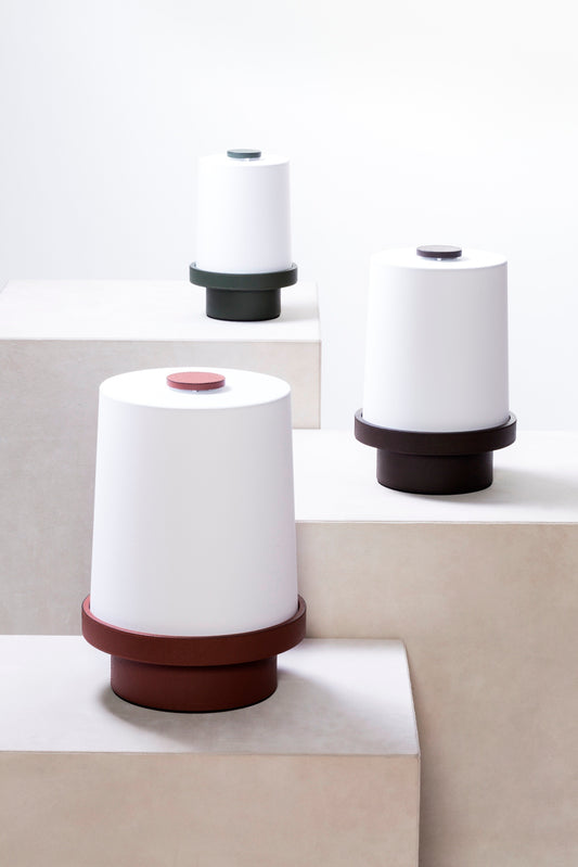 Giobagnara x Stéphane Parmentier Paraggi Leather-Covered Wood Table Lamp | Inspired by Ligurian Lighthouses | Architectural Silhouette Crafted from Leather-Covered Wood | Complete with Cotton Fabric Lampshade | Illuminate Your Space with Sculptural Elegance | Available at 2Jour Concierge, #1 luxury high-end gift & lifestyle shop