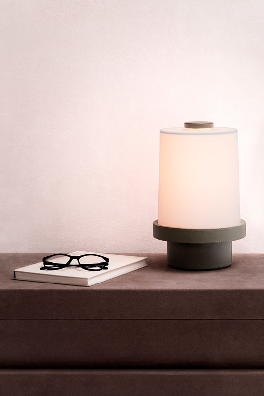 Giobagnara x Stéphane Parmentier Paraggi Leather-Covered Wood Table Lamp | Inspired by Ligurian Lighthouses | Architectural Silhouette Crafted from Leather-Covered Wood | Complete with Cotton Fabric Lampshade | Illuminate Your Space with Sculptural Elegance | Available at 2Jour Concierge, #1 luxury high-end gift & lifestyle shop