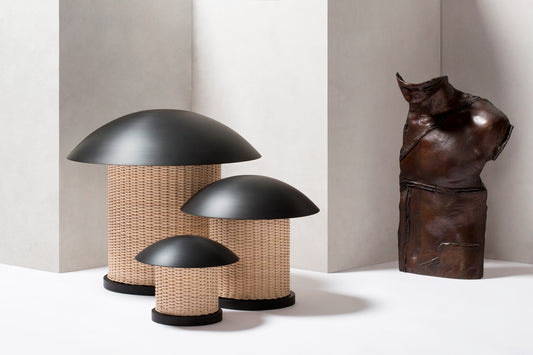 Giobagnara x Stéphane Parmentier Duomo Table Lamp | Vintage-inspired Design with Modern Minimalism | Sculptural Appearance with Geometrical Volumes | Crafted with Curved Bronze Lampshades and Woven Rattan Bases | Casts Soft Ambient Light for Reading and Lounging | Available at 2Jour Concierge, #1 luxury high-end gift & lifestyle shop