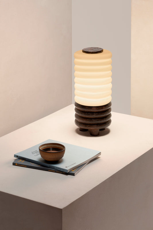 Giobagnara x Stéphane Parmentier Scala Table Lamp With Burnished Bronze Base | Inspired by Italian Architecture and Salvatore Ferragamo’s Heel | Features a Burnished Sandblasted Bronze Base and Opal Glass Lampshade | Elevate Your Space with Architectural Elegance | Available at 2Jour Concierge, #1 luxury high-end gift & lifestyle shop
