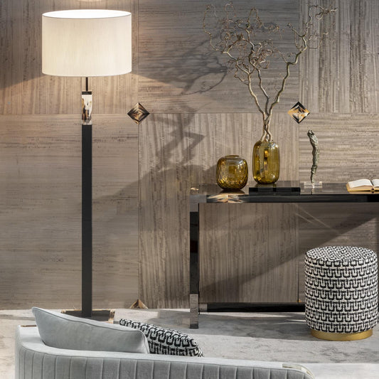 Alma Floor Lamp: Dark Horn and Tosca Leather, Gunmetal Brass Detailing, Ivory Shantung Lampshade
