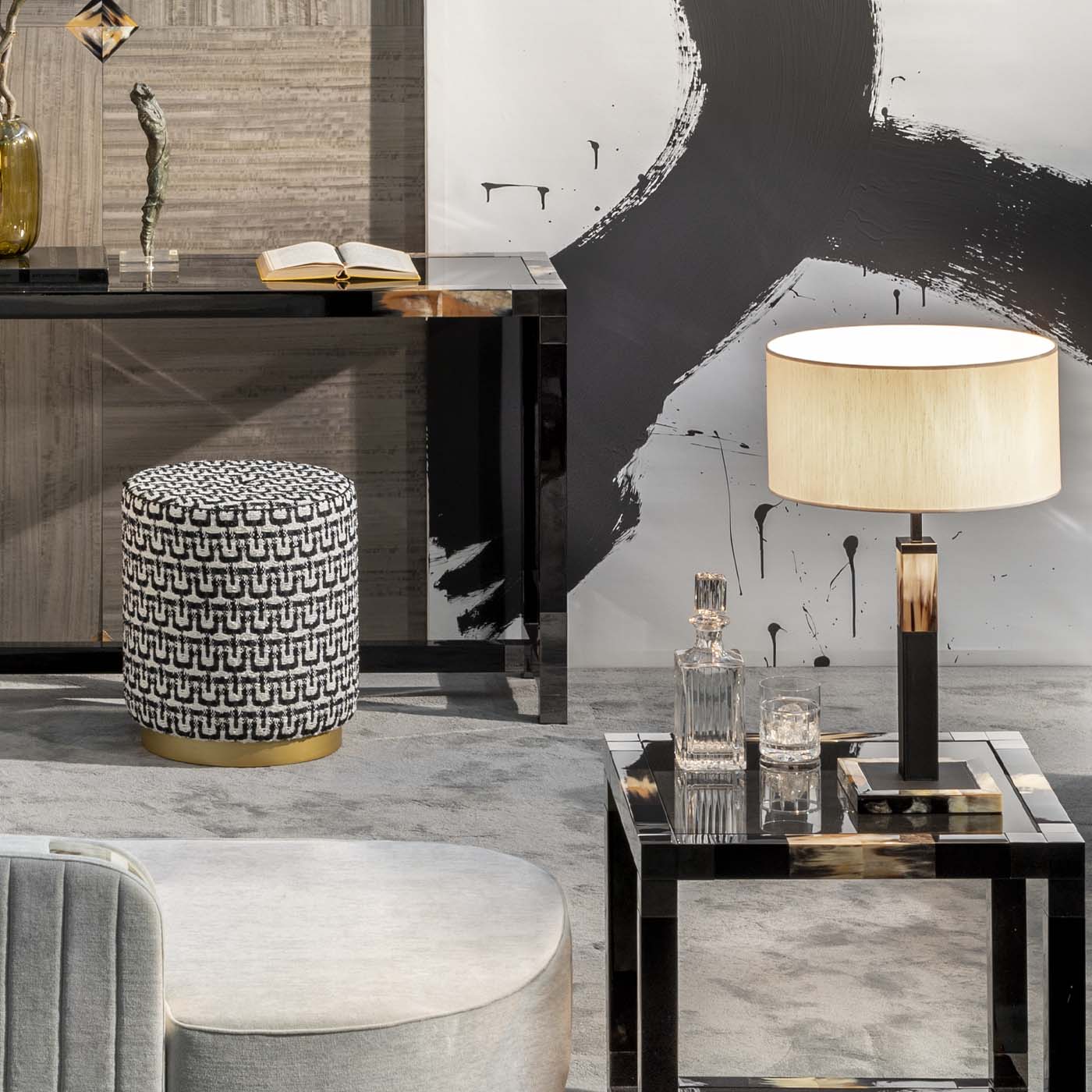 Arcahorn Alma Table Lamp | Dark Horn and Tosca Leather in Black | Gunmetal Brass Detailing | Lampshade in Black Shantung | Ideal for Yacht Decor | Available at 2Jour Concierge, #1 luxury high-end gift & lifestyle shop