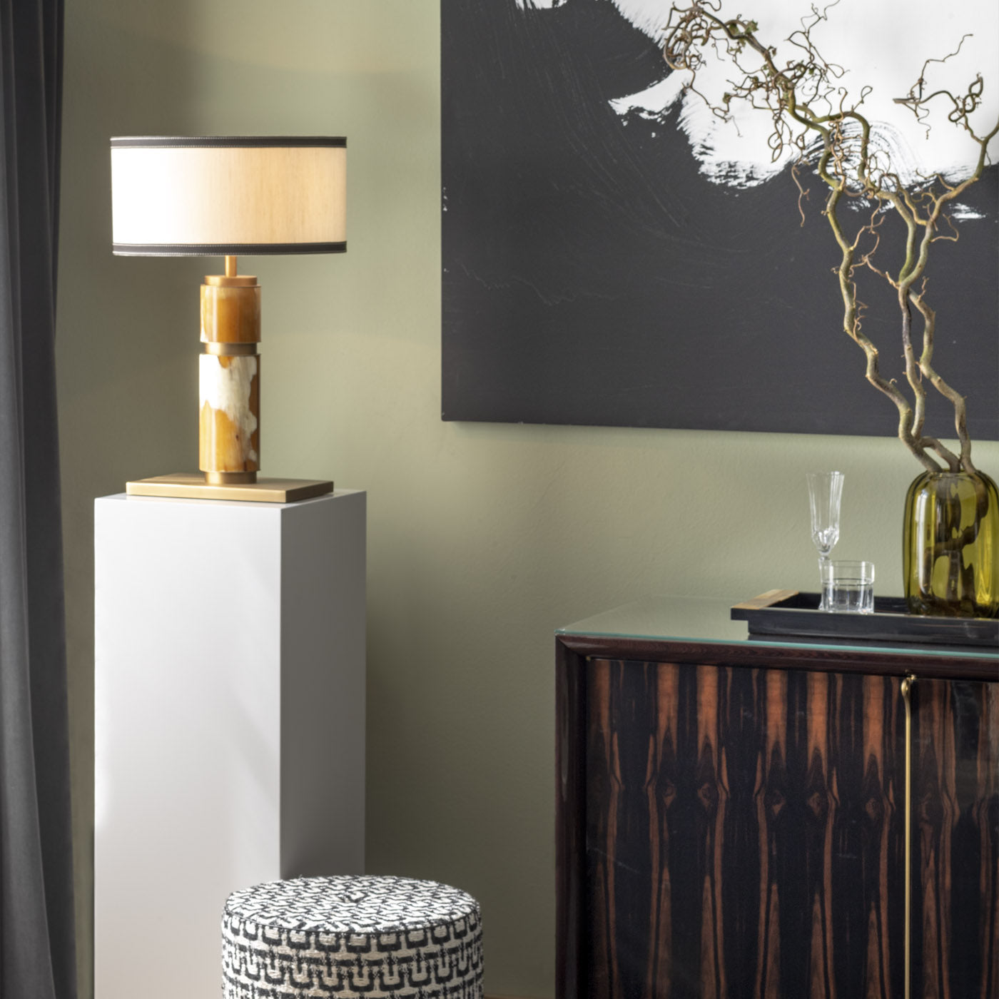 Arcahorn Babel Table Lamp | Horn and Satin Brass | Ivory Shantung Lampshade with Dark Brown Tosca Leather Trim | Elegant Addition to Yacht Decor | Explore Luxury Lighting at 2Jour Concierge, #1 luxury high-end gift & lifestyle shop