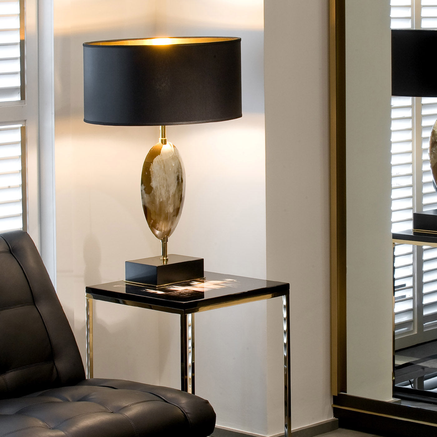 Arcahorn Eclisse Table Lamp | Horn and Wood with Lacquered Black Matte Finish | 24K Gold Plated Brass Details | Black Shantung Lampshade | Perfect for Yacht Decor | Available at 2Jour Concierge, #1 luxury high-end gift & lifestyle shop