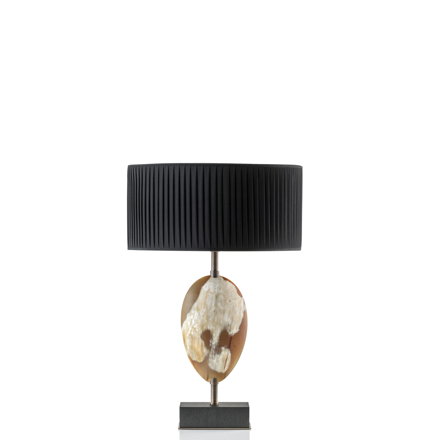 Arcahorn Eclisse Table Lamp | Matte Horn, Black Oak Veneer, and Burnished Brass | Black Pleated Silk Lampshade | Perfect for Yacht Decor | Available at 2Jour Concierge, #1 luxury high-end gift & lifestyle shop