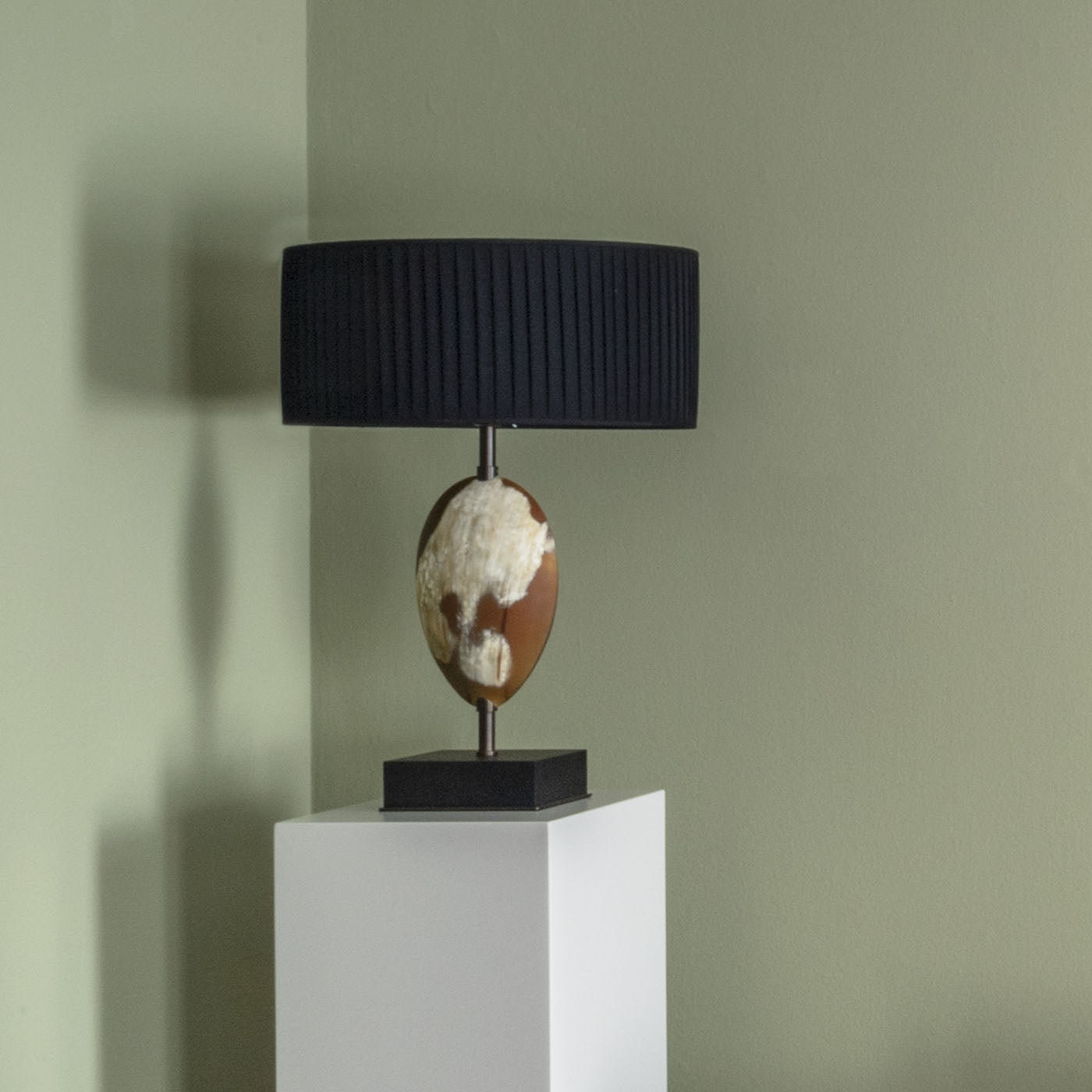 Arcahorn Eclisse Table Lamp | Matte Horn, Black Oak Veneer, and Burnished Brass | Black Pleated Silk Lampshade | Perfect for Yacht Decor | Available at 2Jour Concierge, #1 luxury high-end gift & lifestyle shop