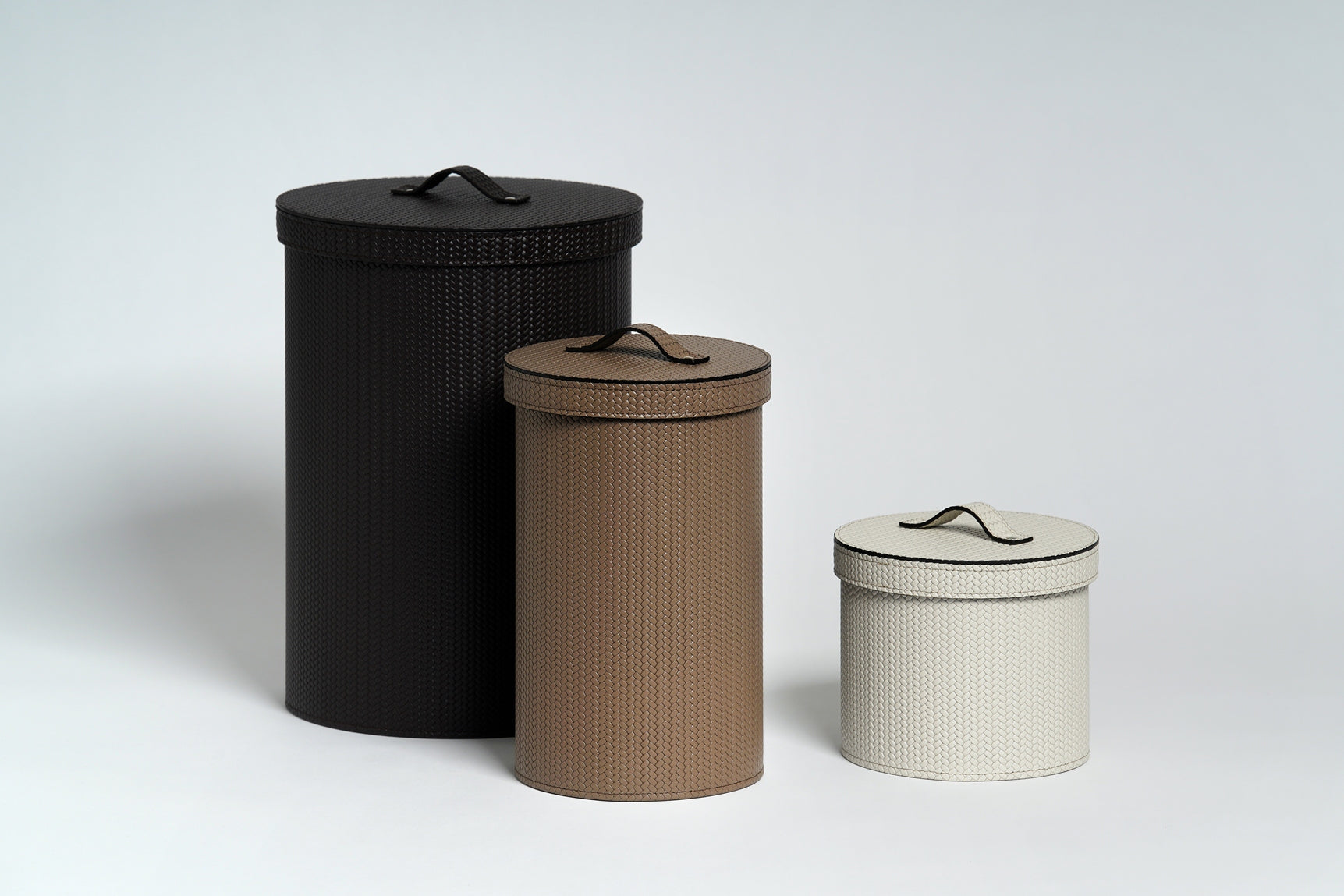 Pinetti Leather-Covered Bin | Round leather bin with waterproof black interior | Home and Office Accessories | 2Jour Concierge, your luxury lifestyle shop
