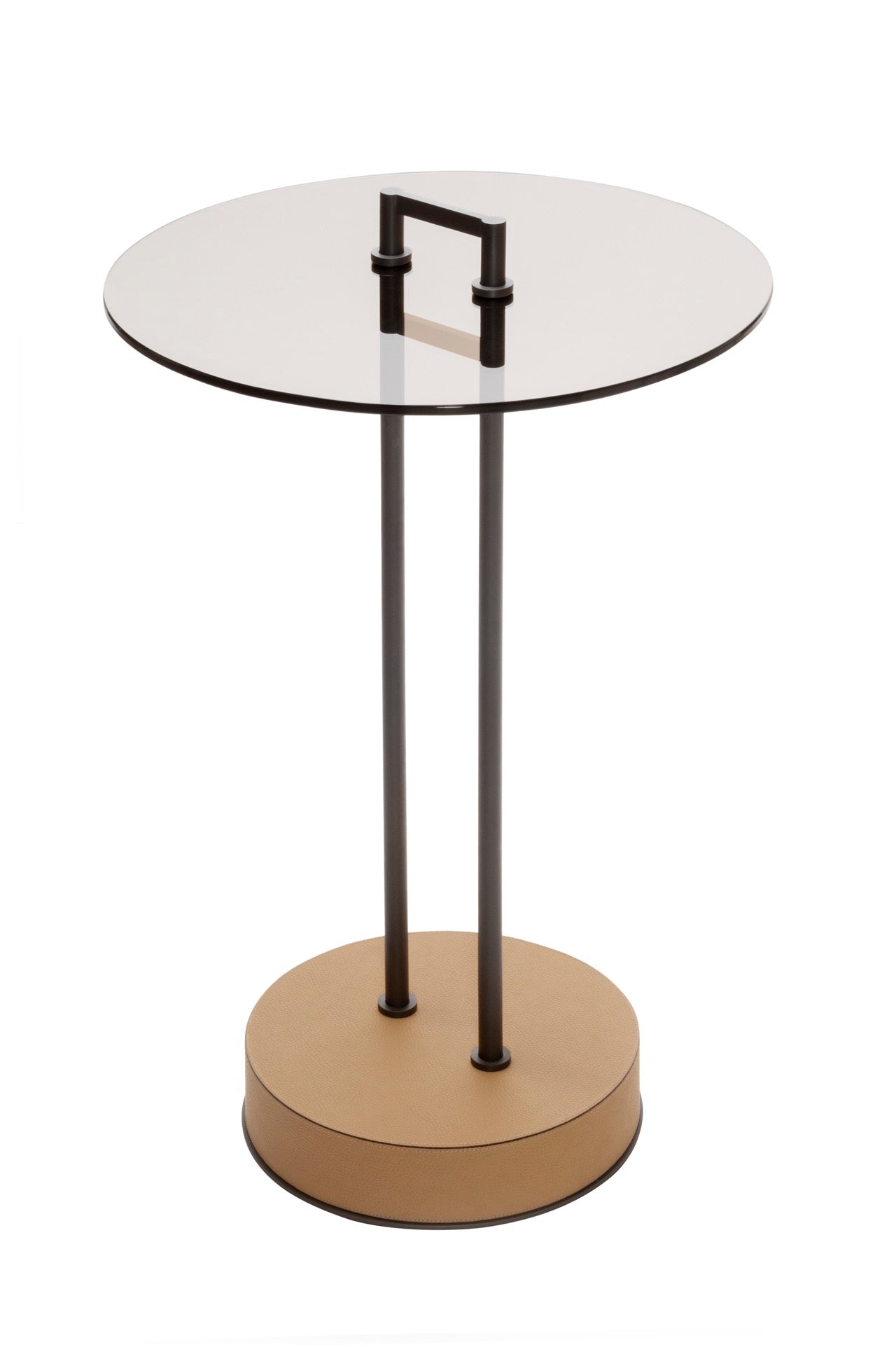 Giobagnara Urbino | Occasional Table: Metal structure with leather-covered base and glass top in transparent or dark bronze | Furniture / Side Tables + Bar Tables | 2Jour Concierge, your luxury lifestyle shop | contemporary interiors, modern elegance, Italian craftsmanship, sculptural furniture