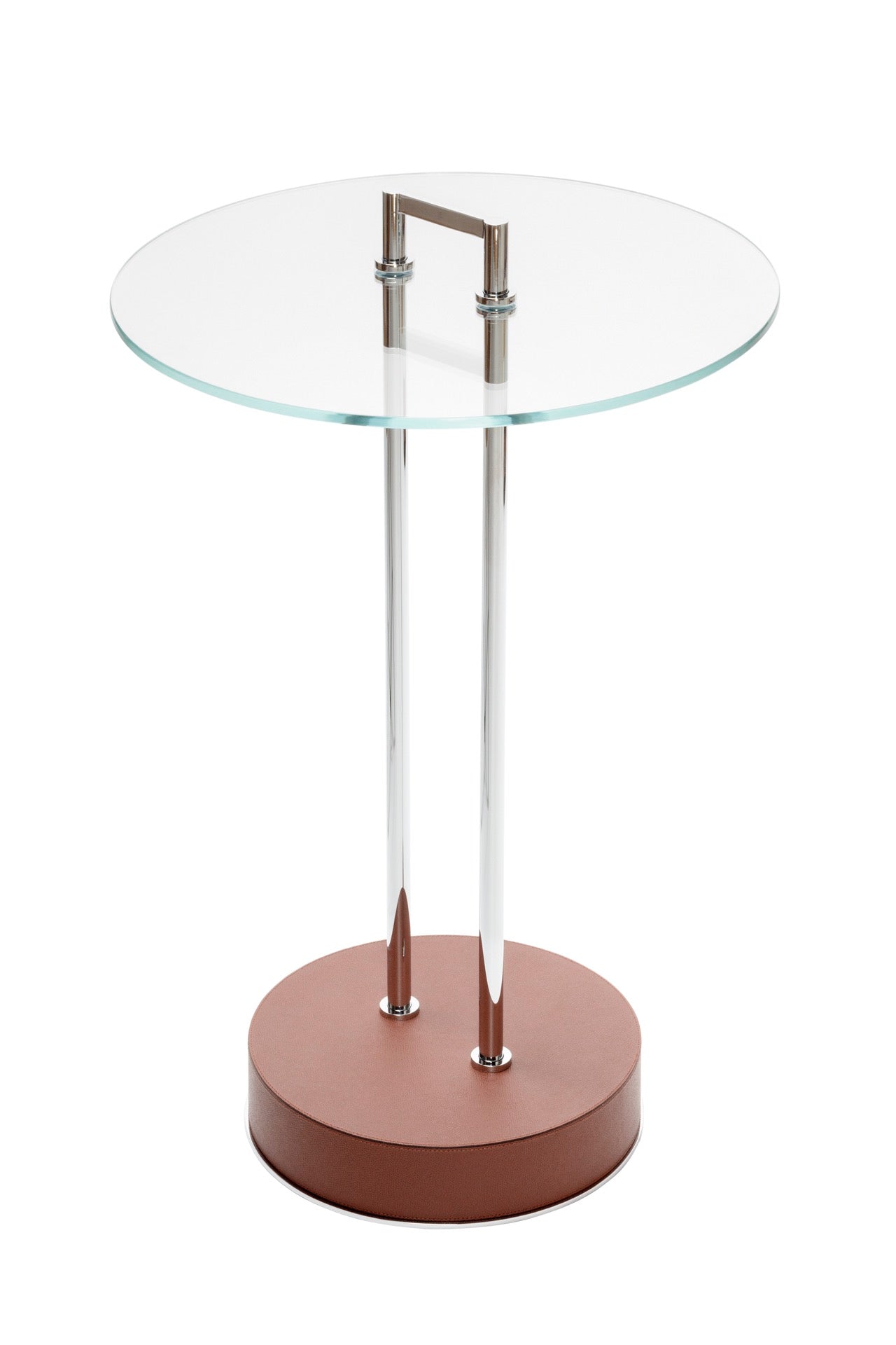 Giobagnara Urbino | Occasional Table: Metal structure with leather-covered base and glass top in transparent or dark bronze | Furniture / Side Tables + Bar Tables | 2Jour Concierge, your luxury lifestyle shop | contemporary interiors, modern elegance, Italian craftsmanship, sculptural furniture