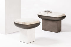 x Stephane Parmentier Olympia Travertine Marble Side Table, Square with Leather-Clad Base