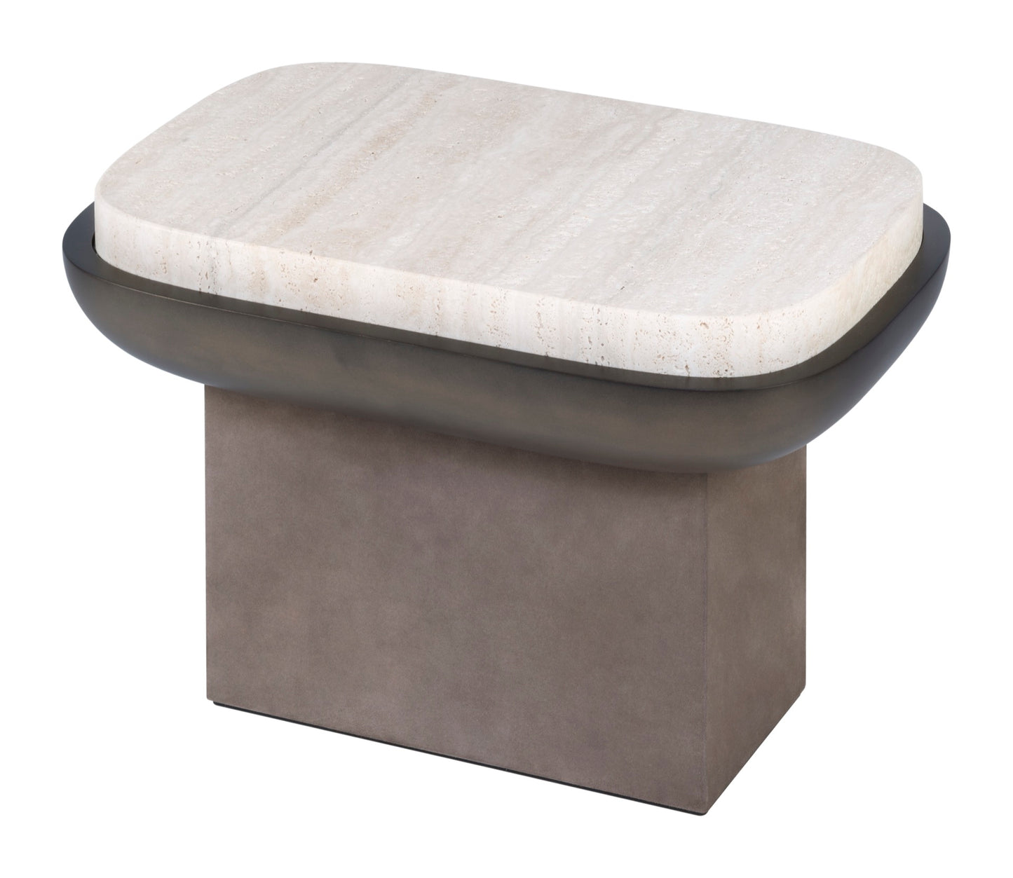 Giobagnara × Stéphane Parmentier Olympia | Marble Side Table: Travertine marble in classic, walnut, titanium, yellow, or red with leather-clad base and bronze-lacquered wood detail | Furniture / Side Tables + Bar Tables | 2Jour Concierge, your luxury lifestyle shop | contemporary interiors, luxury hospitality, gallery settings, refined residential, collector’s pieces, statement furniture