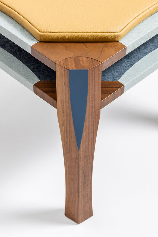 Giobagnara | Margo Stool: walnut stool with leather marquetry and leather cushion, by Martino Gamper | Stools | 2Jour Concierge, your luxury lifestyle shop | leather stool, walnut stool, Martino Gamper Giobagnara, designer stool