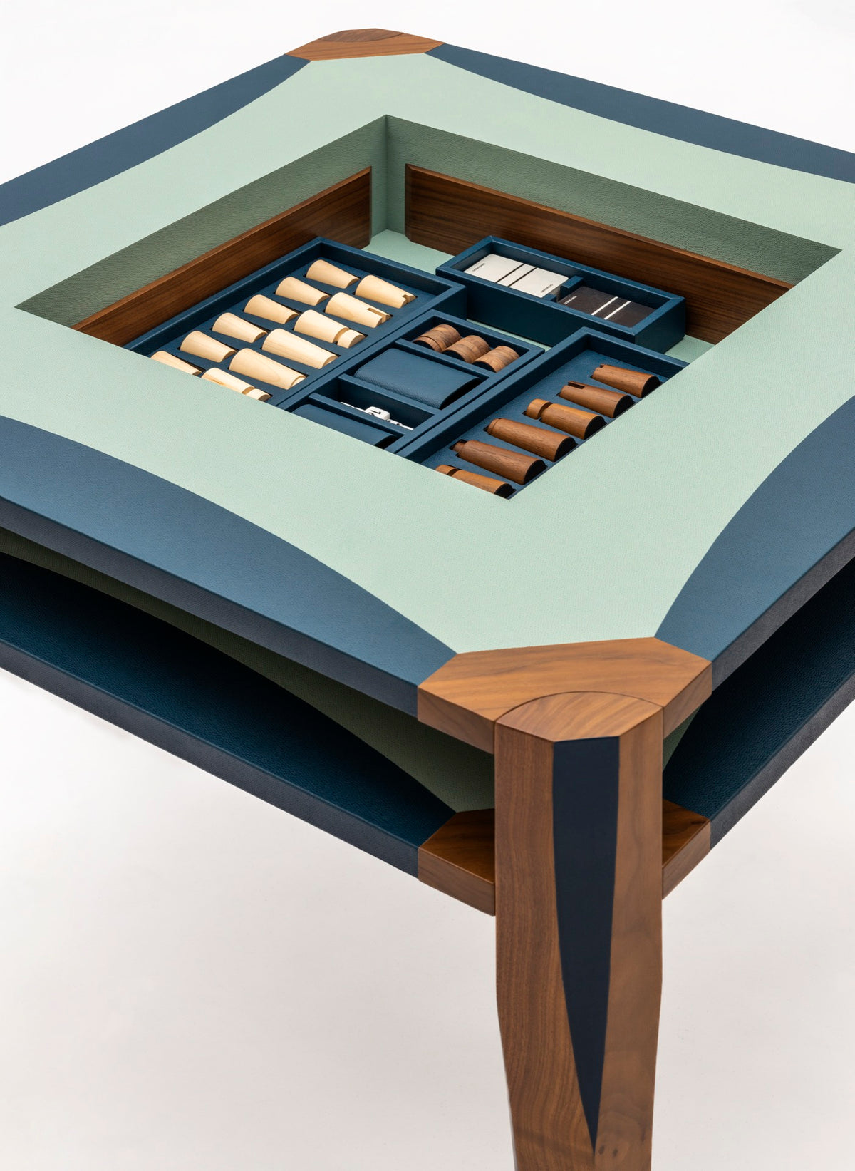 Giobagnara | Margo Game Table: walnut game table with leather marquetry top, by Martino Gamper | Game Tables | 2Jour Concierge, your luxury lifestyle shop | leather game table, backgammon table, Martino Gamper Giobagnara, designer games table
