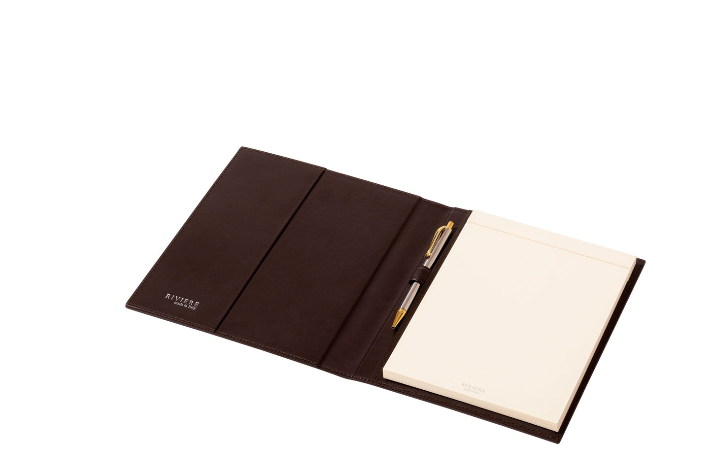 Rivière Herringbone Notepad Holder | Leather notepad holder featuring a padded quilted herringbone pattern with a side pencil holder and pen | Includes a notepad made of 70 ivory paper sheets | Available in small (A6), medium (A5), and large (A4) sizes | Office Accessories | 2Jour Concierge, your luxury lifestyle shop