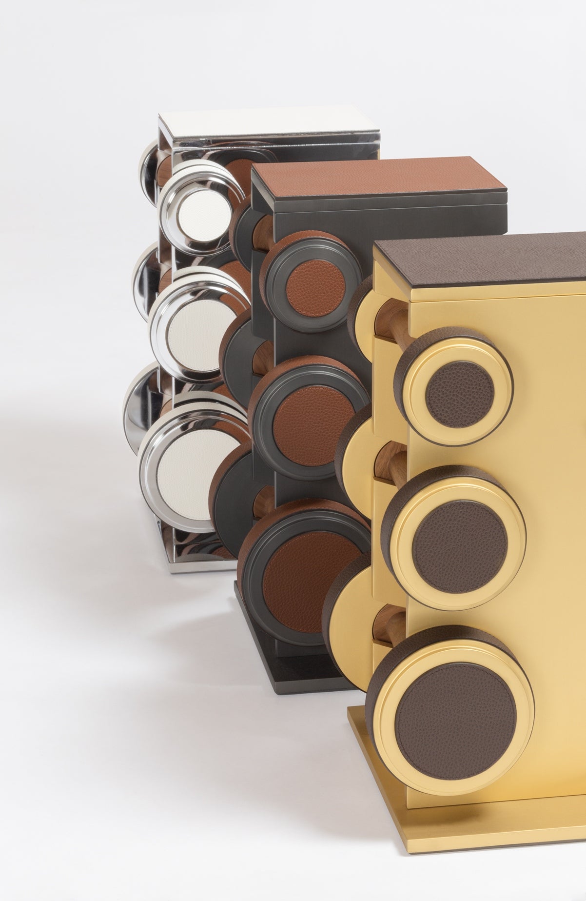 Magnus Gym Weights Set by Giobagnara | Metal structure available in chrome, bronze, or brass metal finish, provided with leather inserts and walnut wood grip. | Fitness Equipment and Accessories | 2Jour Concierge, your luxury lifestyle shop