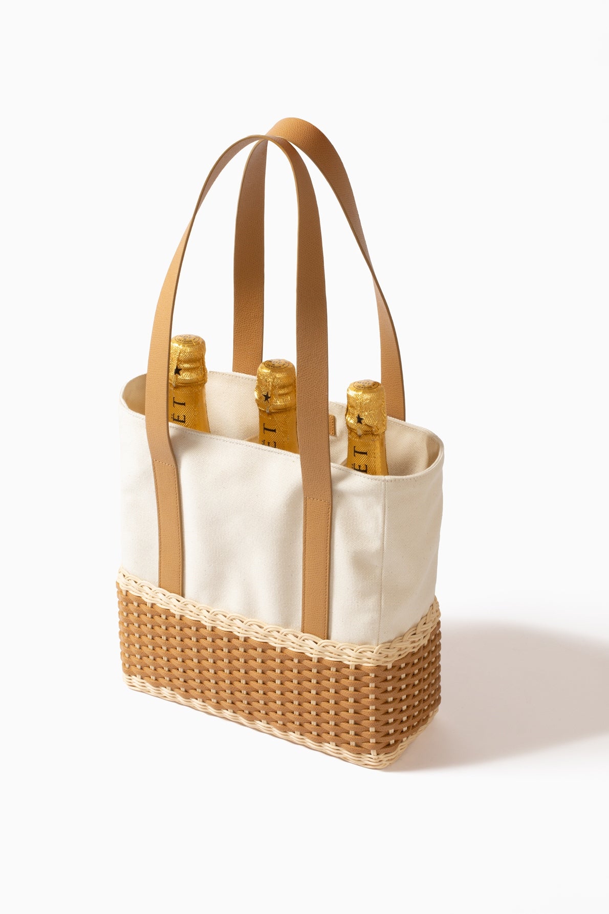 Pigment France Talais Bottle Carrier | Rigid base in woven leather and rattan with soft cream-colored cotton lining and partitions for bottles | Long shiny calfskin handles add elegance and functionality | Sophisticated design enhancing premium materials | Can accommodate multiple bottles | Home Decor and Accessories | 2Jour Concierge, your luxury lifestyle shop
