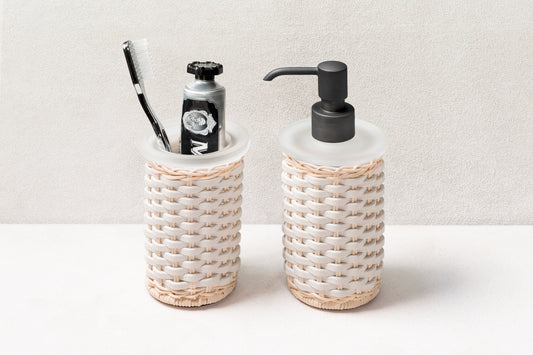 Calais Leather & Rattan Soap Dispenser by Pigment France | Dressed with meticulously woven rattan and leather. Metal finishes available: polished chrome, brushed brass, and brushed bronze. | Bathroom Accessories and Decor | 2Jour Concierge, your luxury lifestyle shop