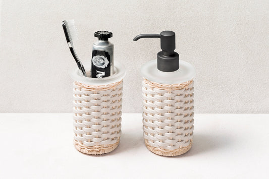 Calais Leather & Rattan Soap Dispenser by Pigment France | Dressed with meticulously woven rattan and leather. Metal finishes available: polished chrome, brushed brass, and brushed bronze. | Bathroom Accessories and Decor | 2Jour Concierge, your luxury lifestyle shop