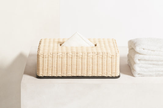 Pigment France Amiens Tissue Holder | Wood Structure | Finely Woven Rattan Cover | Metal Frame in Various Finishes