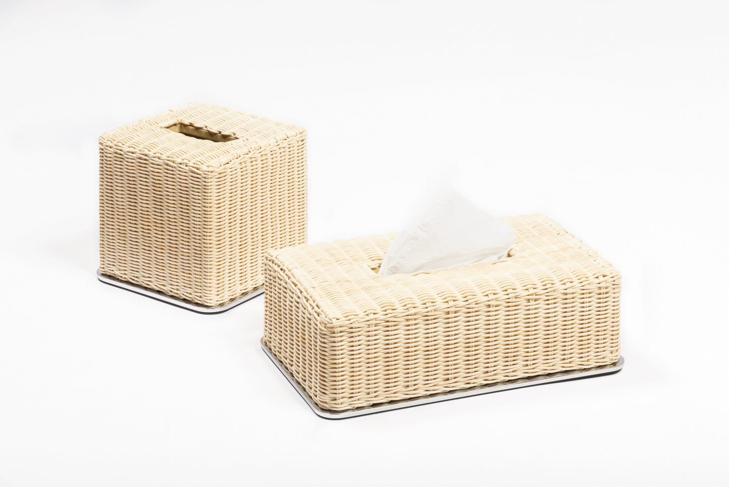 Pigment France Amiens Tissue Holder | Wood Structure | Finely Woven Rattan Cover | Metal Frame in Various Finishes