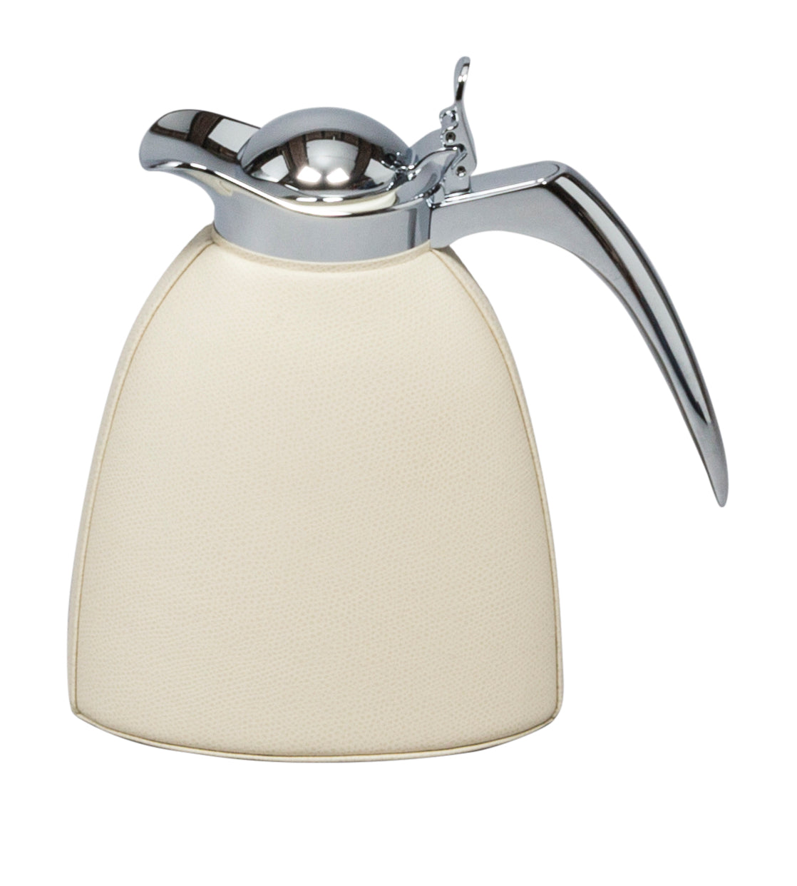 Bagatelle Carafe by Pigment France | Partially leather-covered insulated brass carafe with chrome-plated finish. Two-chamber stainless steel structure maintains liquid's warm temperatures for up to 12 hours and cold temperatures for up to 24 hours. Precise pouring with specially developed hinged lid for one-hand operation. | Tableware and Drinkware | 2Jour Concierge, your luxury lifestyle shop