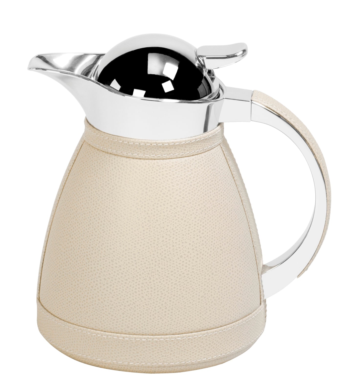 Chantilly Carafe by Pigment France | Partially leather-covered insulated stainless steel carafe with chrome-plated finish. Two-chamber stainless steel structure maintains liquid’s warm temperatures for up to 12 hours and cold temperatures for up to 24 hours | Tableware and Drinkware | 2Jour Concierge, your luxury lifestyle shop
