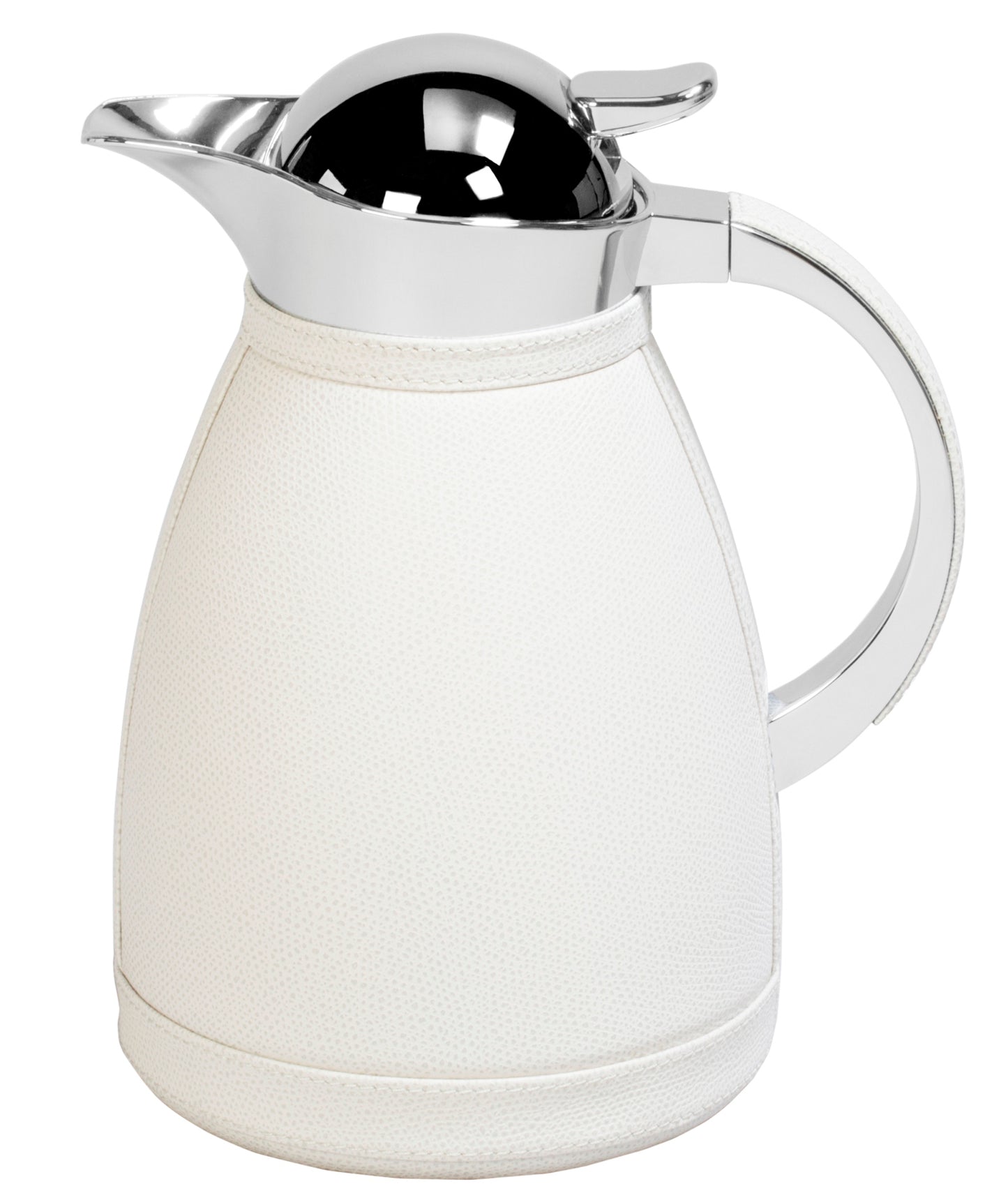 Chantilly Carafe by Pigment France | Partially leather-covered insulated stainless steel carafe with chrome-plated finish. Two-chamber stainless steel structure maintains liquid’s warm temperatures for up to 12 hours and cold temperatures for up to 24 hours | Tableware and Drinkware | 2Jour Concierge, your luxury lifestyle shop