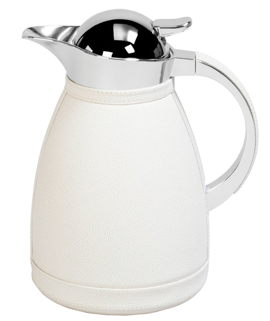 Chantilly Carafe by Pigment France | Partially leather-covered insulated stainless steel carafe with chrome-plated finish. Two-chamber stainless steel structure maintains liquid’s warm temperatures for up to 12 hours and cold temperatures for up to 24 hours | Tableware and Drinkware | 2Jour Concierge, your luxury lifestyle shop