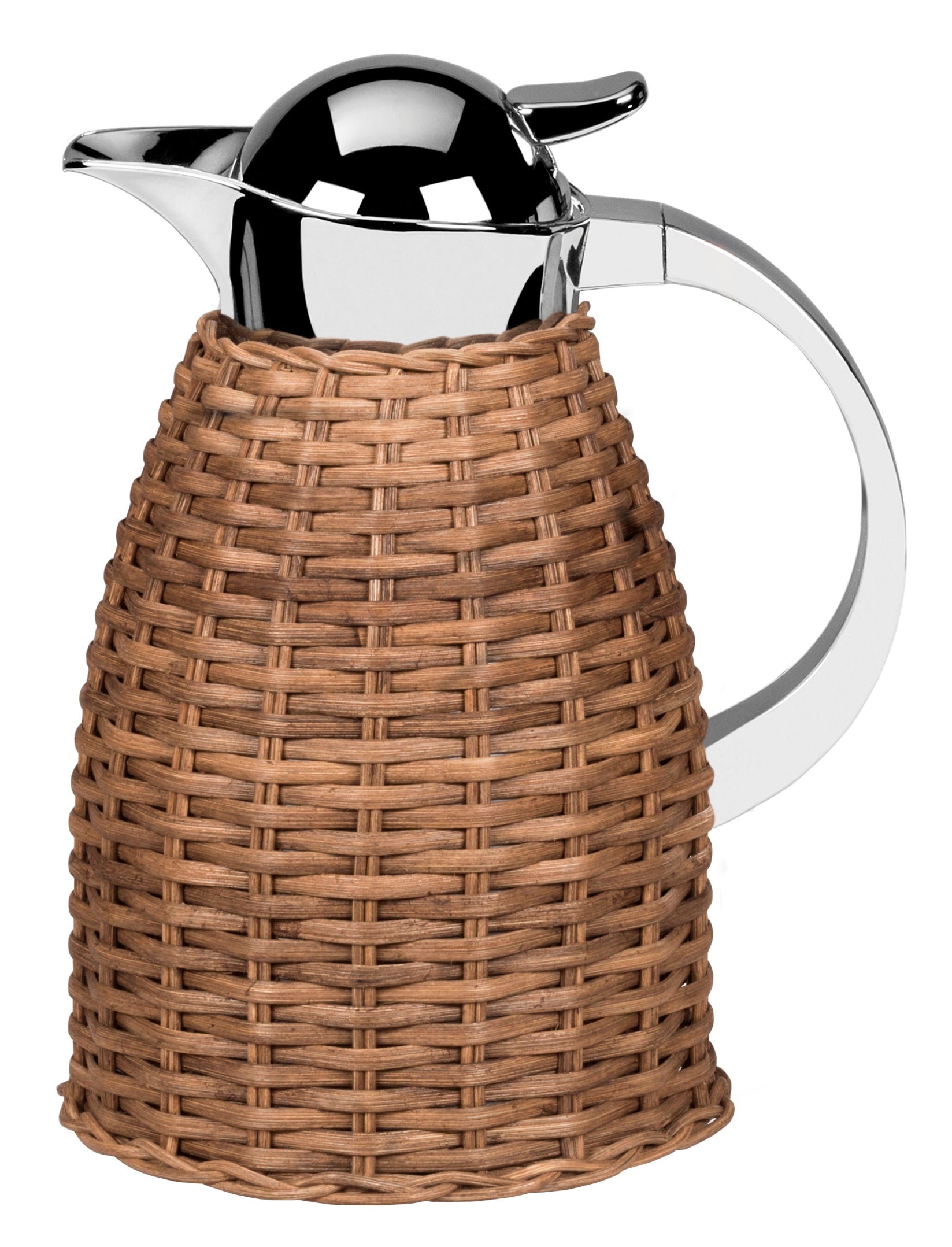 Chantilly Carafe by Pigment France | Partially rattan-covered insulated stainless steel carafe with chrome-plated finish. Two-chamber stainless steel structure maintains liquid’s warm temperatures for up to 12 hours and cold temperatures for up to 24 hours. Precise pouring with specially developed lid for one-hand operation. | Tableware and Drinkware | 2Jour Concierge, your luxury lifestyle shop