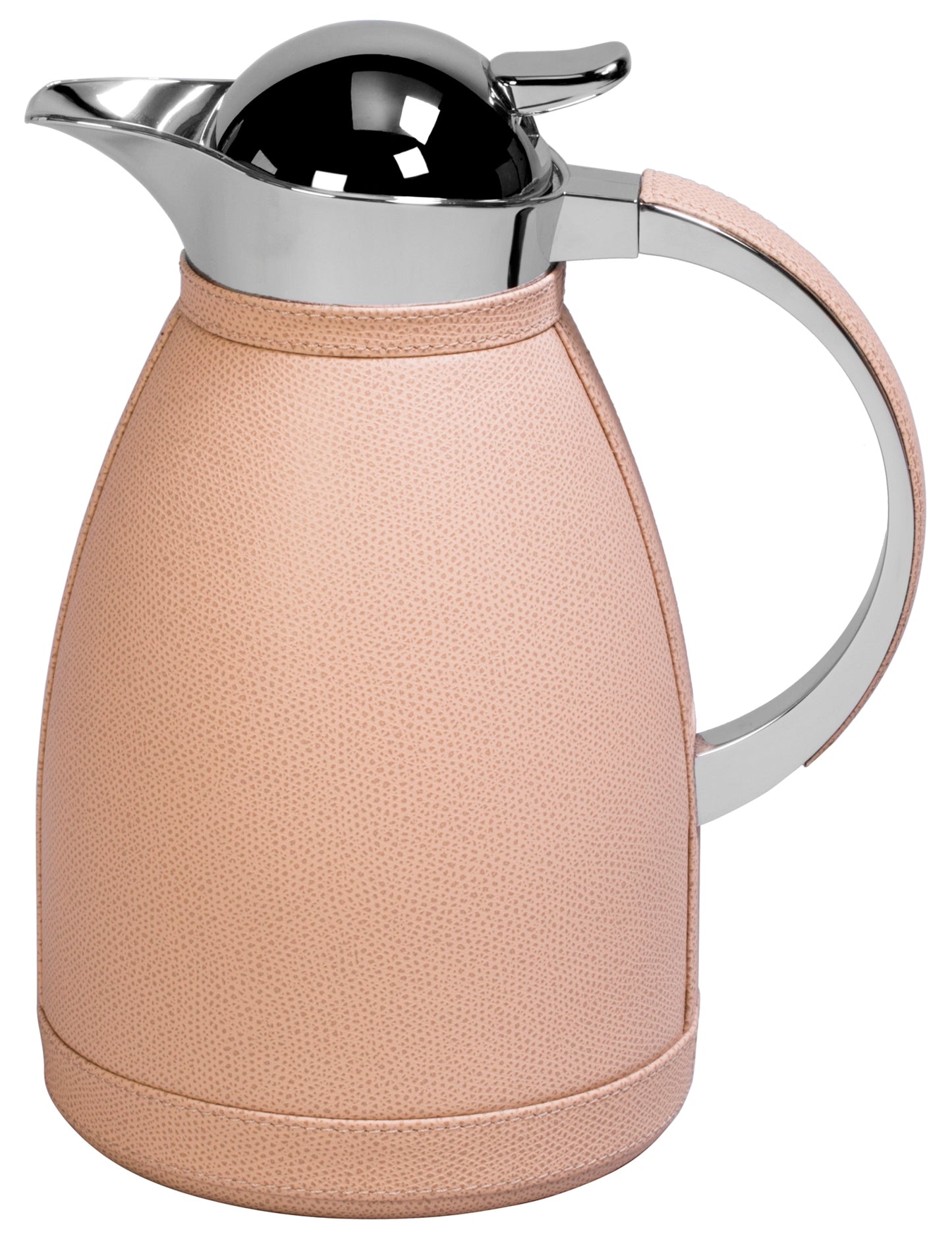 Chantilly Carafe by Pigment France | Partially leather-covered insulated stainless steel carafe with chrome-plated finish. Two-chamber stainless steel structure maintains liquid’s warm temperatures for up to 12 hours and cold temperatures for up to 24 hours | Tableware and Drinkware | 2Jour Concierge, your luxury lifestyle shop