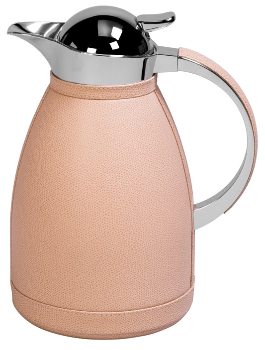 Chantilly Carafe by Pigment France | Partially leather-covered insulated stainless steel carafe with chrome-plated finish. Two-chamber stainless steel structure maintains liquid’s warm temperatures for up to 12 hours and cold temperatures for up to 24 hours | Tableware and Drinkware | 2Jour Concierge, your luxury lifestyle shop
