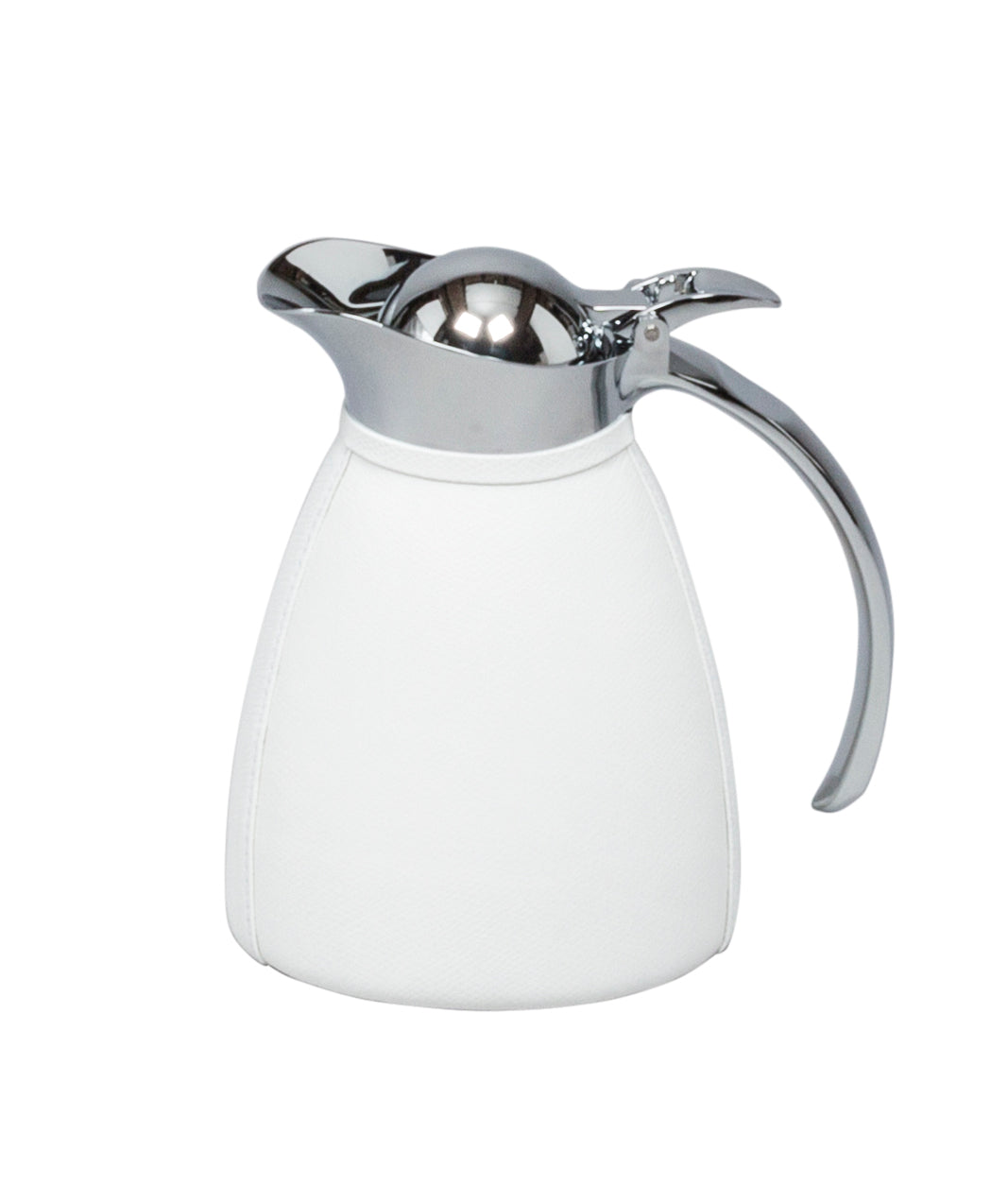 Monceau Carafe by Pigment France | Partially leather-covered insulated stainless steel carafe with chrome-plated finish. Two-chamber structure maintains liquid temperatures. Precise pouring with specially developed hinged lid for one-hand operation. | Tableware and Drinkware | 2Jour Concierge, your luxury lifestyle shop