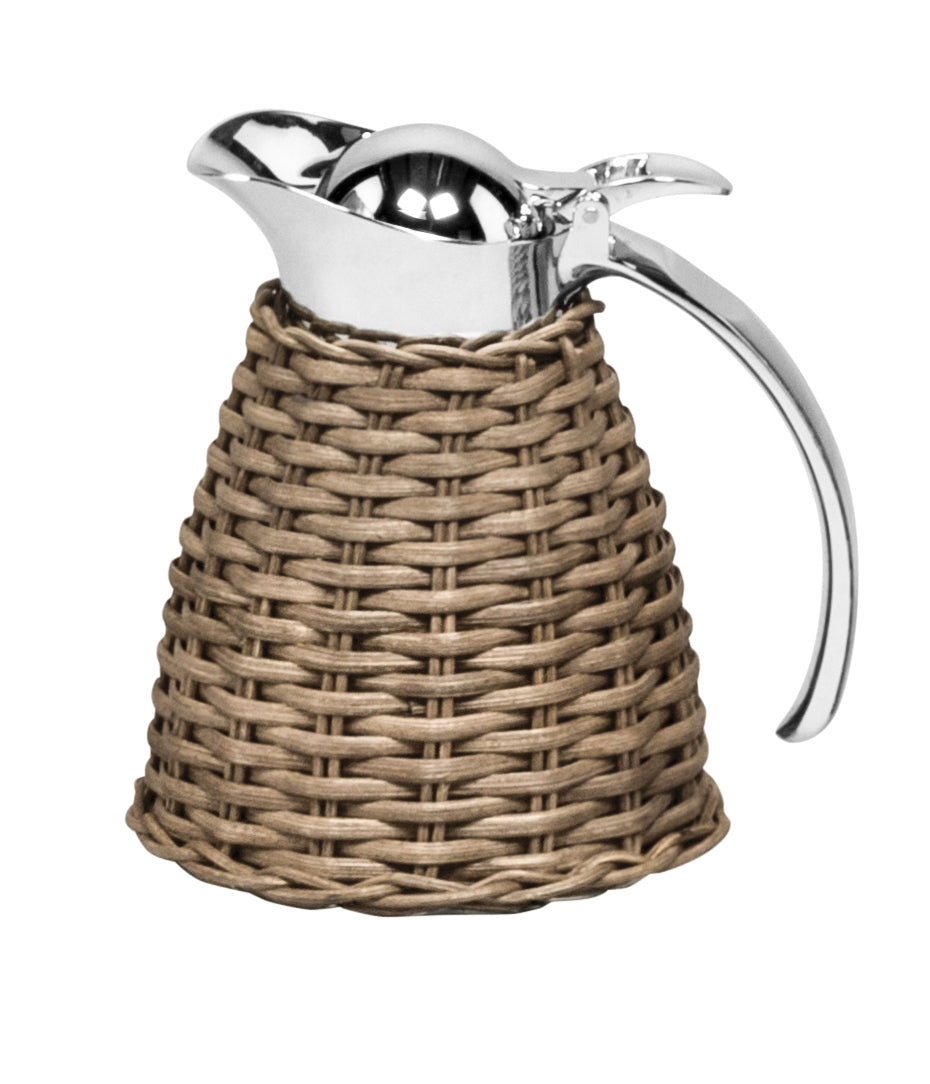 Monceau Carafe by Pigment France | Partially rattan-covered insulated stainless steel carafe with chrome-plated finish. Two-chamber structure maintains liquid temperatures. Precise pouring with specially developed hinged lid for one-hand operation. | Tableware and Drinkware | 2Jour Concierge, your luxury lifestyle shop