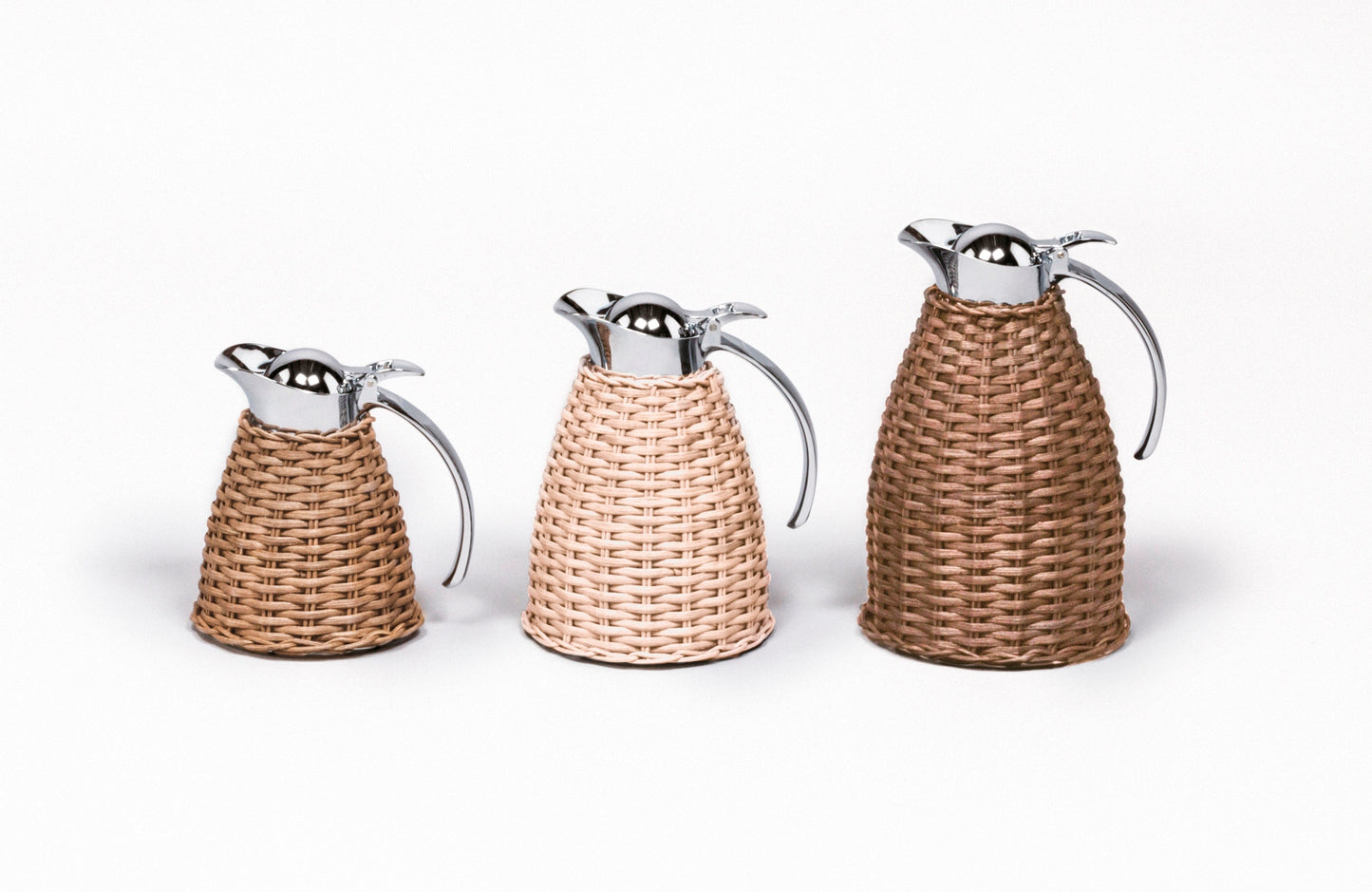 Monceau Carafe by Pigment France | Partially rattan-covered insulated stainless steel carafe with chrome-plated finish. Two-chamber structure maintains liquid temperatures. Precise pouring with specially developed hinged lid for one-hand operation. | Tableware and Drinkware | 2Jour Concierge, your luxury lifestyle shop