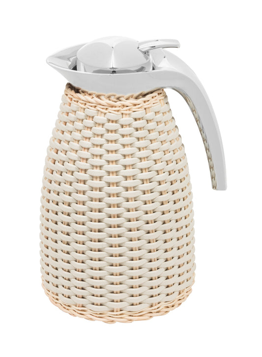 Pigment France Arles Leather & Rattan Carafe | Insulated stainless steel carafe with chrome-plated finish, partially covered in woven leather and rattan | Two-chamber glass structure maintains warm temperatures for up to 12 hours and cold temperatures for up to 24 hours | Features a specially developed lid for precise, one-hand pouring | Home Decor and Serveware | 2Jour Concierge, your luxury lifestyle shop