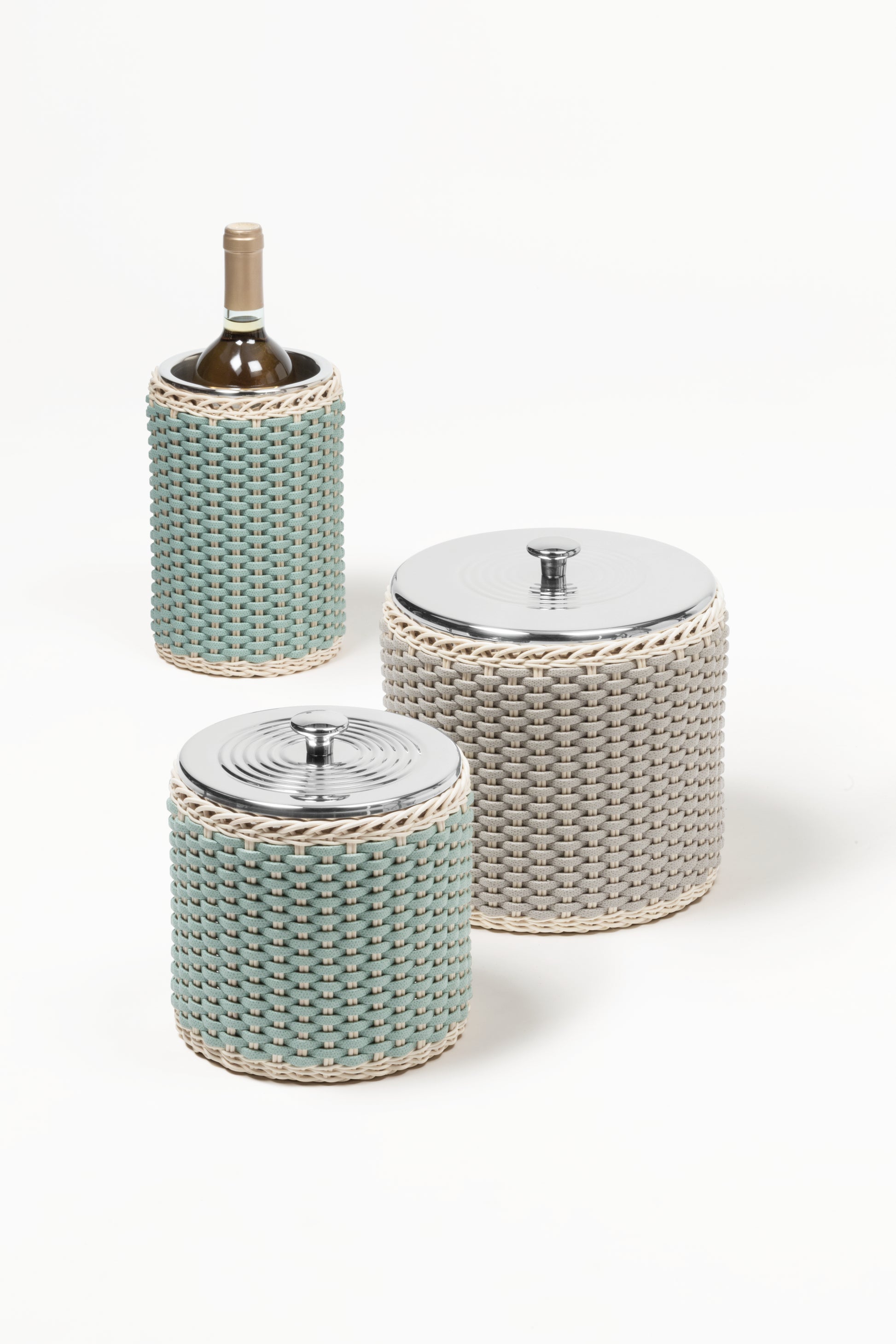 Menton Leather & Rattan Bottle Cooler by Pigment France | Two-chamber insulated stainless steel structure covered in rattan and leather | Keeps bottles cool for several hours | Home Decor and Serveware | 2Jour Concierge, your luxury lifestyle shop