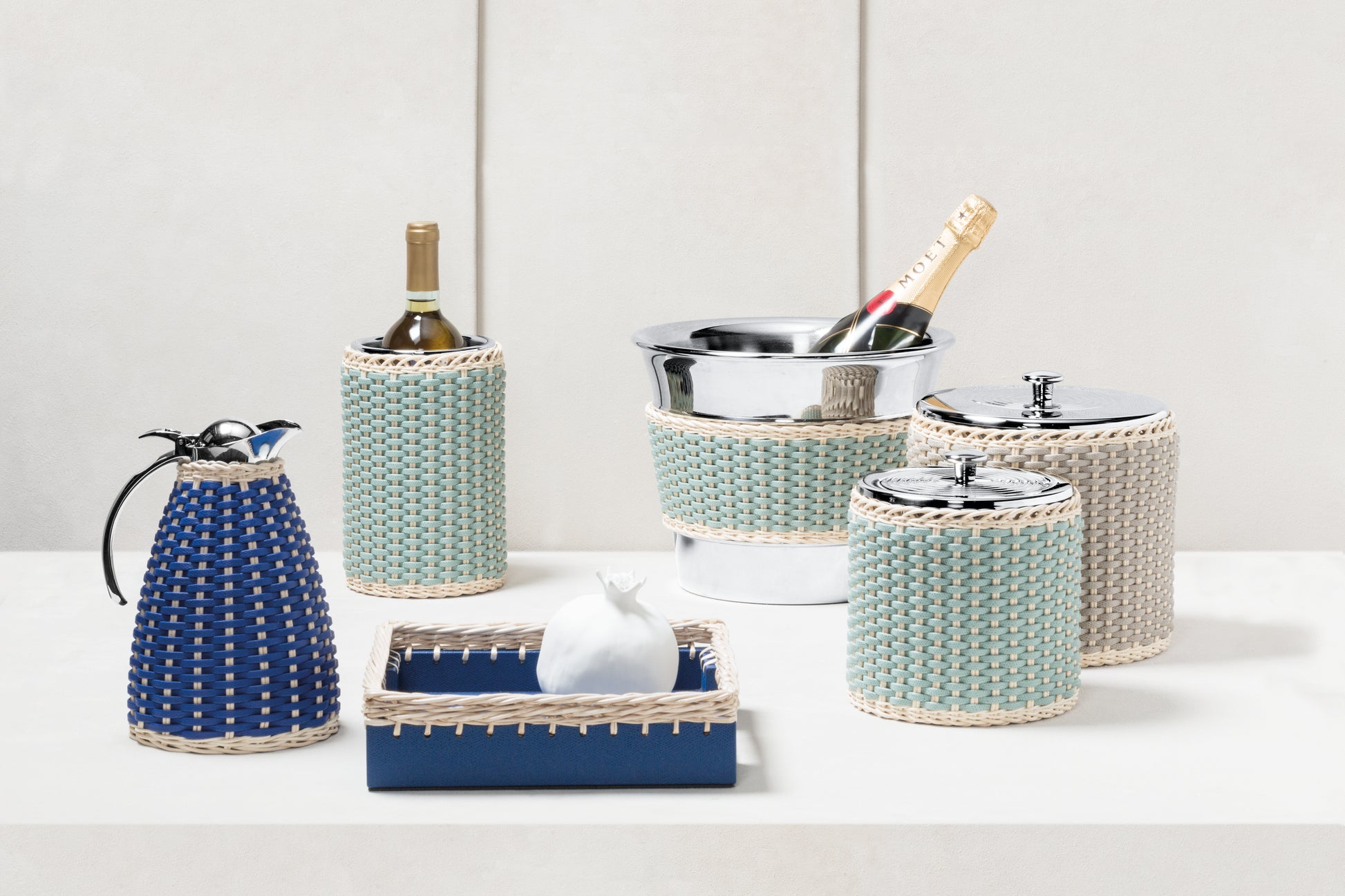 Menton Leather & Rattan Bottle Cooler by Pigment France | Two-chamber insulated stainless steel structure covered in rattan and leather | Keeps bottles cool for several hours | Home Decor and Serveware | 2Jour Concierge, your luxury lifestyle shop