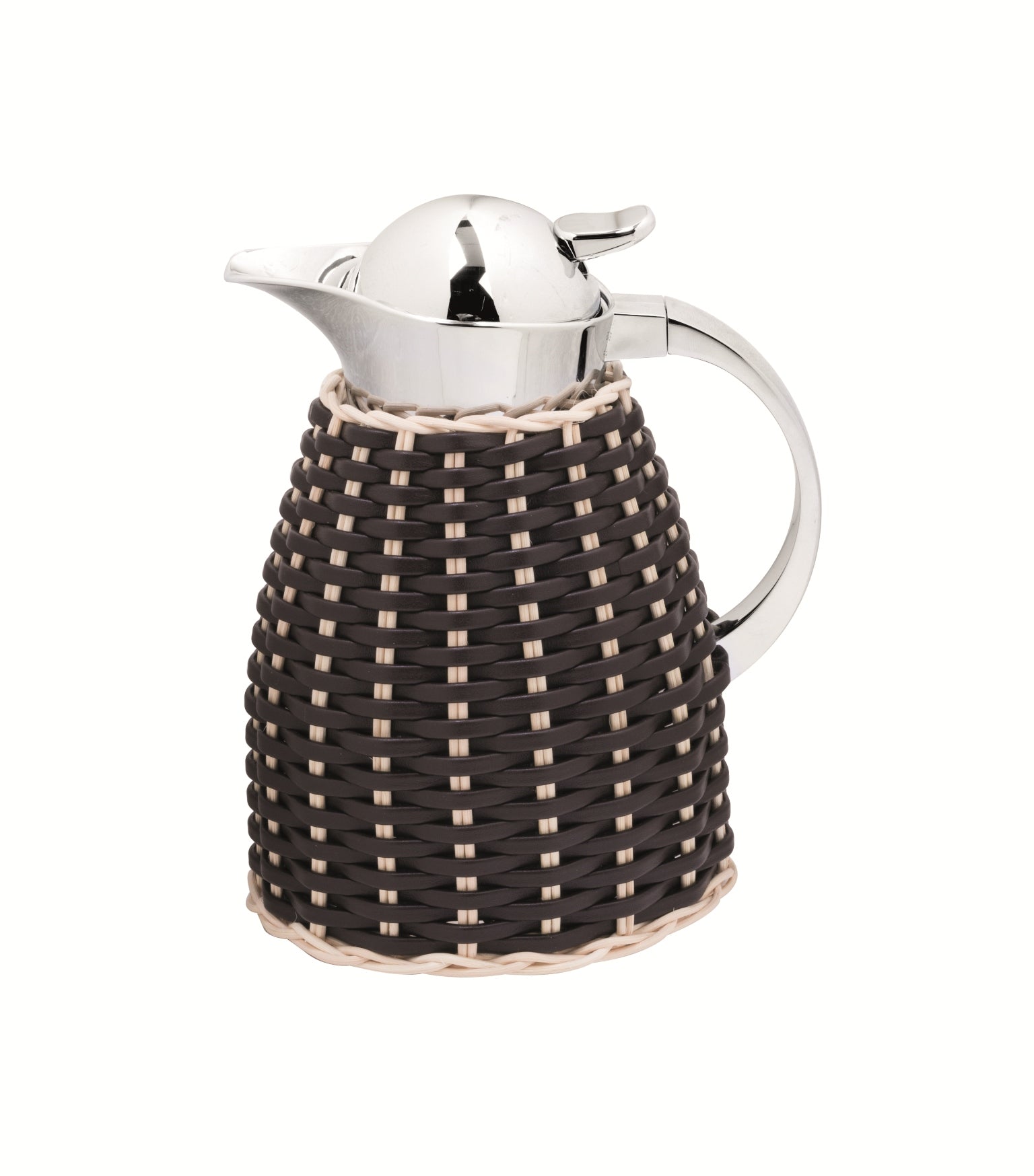 Chantilly Leather & Rattan Carafe by Pigment France | Insulated stainless steel carafe partially covered in woven leather and rattan with chrome-plated finish. Two-chamber stainless steel structure | Tableware and Drinkware | 2Jour Concierge, your luxury lifestyle shop